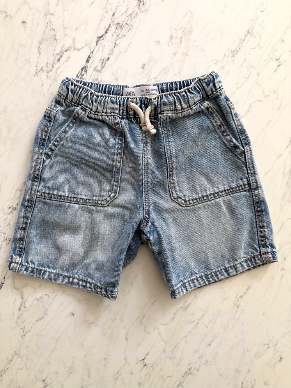 Zara Boys 4-5 Yrs Washed Light Blue Denim Drawstring Shorts